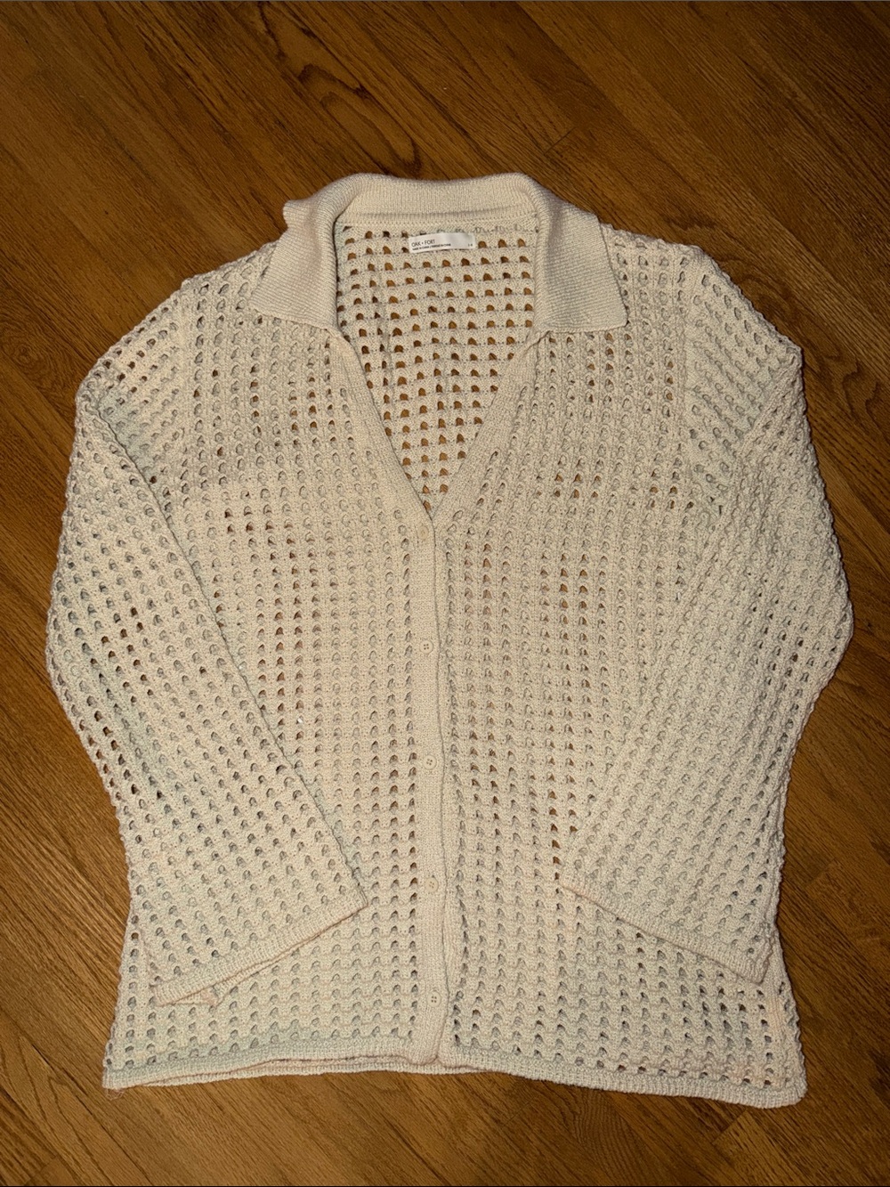 OAK + FORT Cream Open-Weave Button-Up Cardigan
